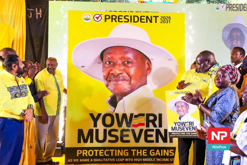 Uganda President Yoweri Museveni addressing supporters after election victory