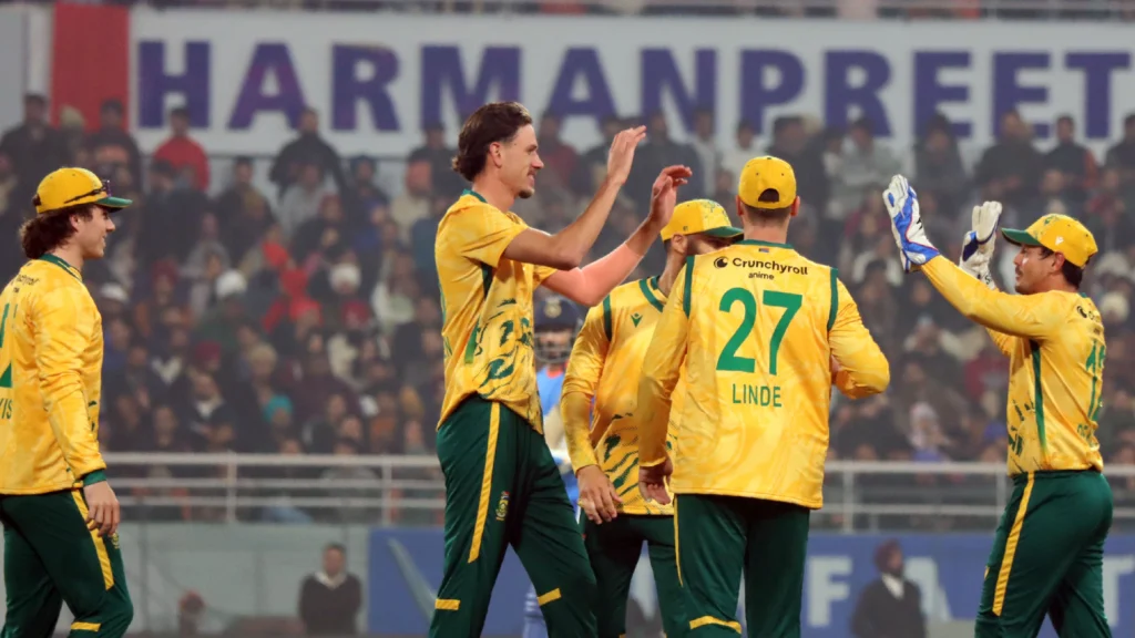 South Africa players celebrate after defeating India by 76 runs in Super 8 match