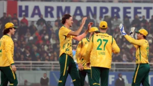 South Africa players celebrate after defeating India by 76 runs in Super 8 match