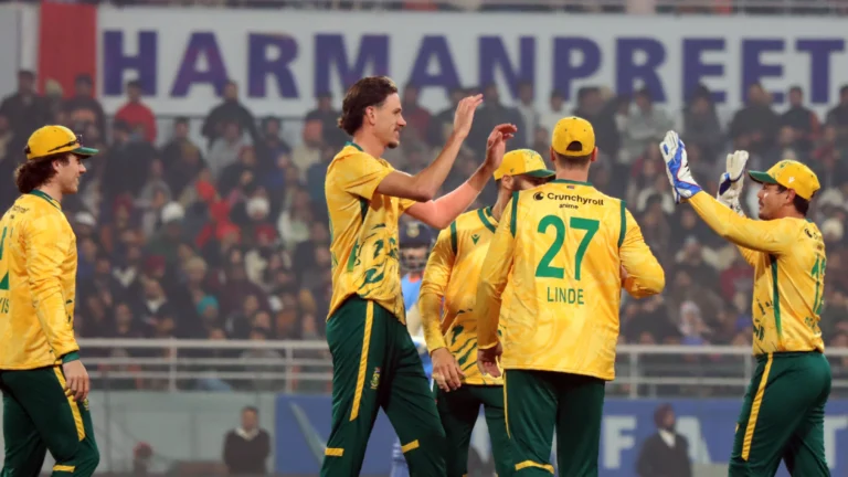 South Africa players celebrate after defeating India by 76 runs in Super 8 match
