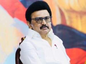 M K Stalin announcing DMK candidate list with party leaders in Chennai