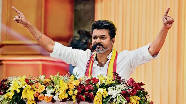 TVK chief Vijay announcing ₹2,500 monthly assistance and gold ring welfare scheme for women ahead of Tamil Nadu elections